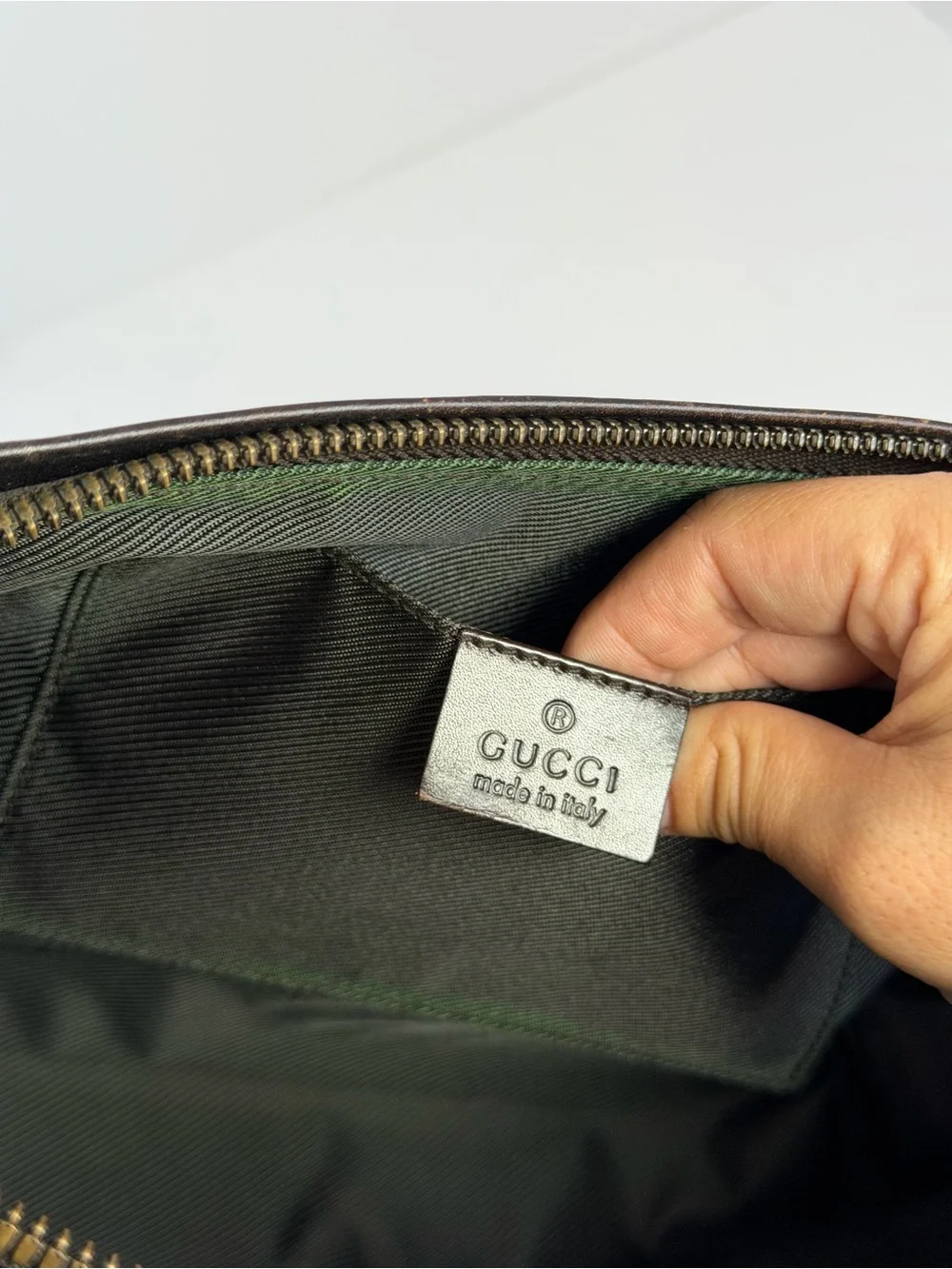 Vintage Gucci GG Supreme Monogram Canvas Clutch with Brown Leather Trim
